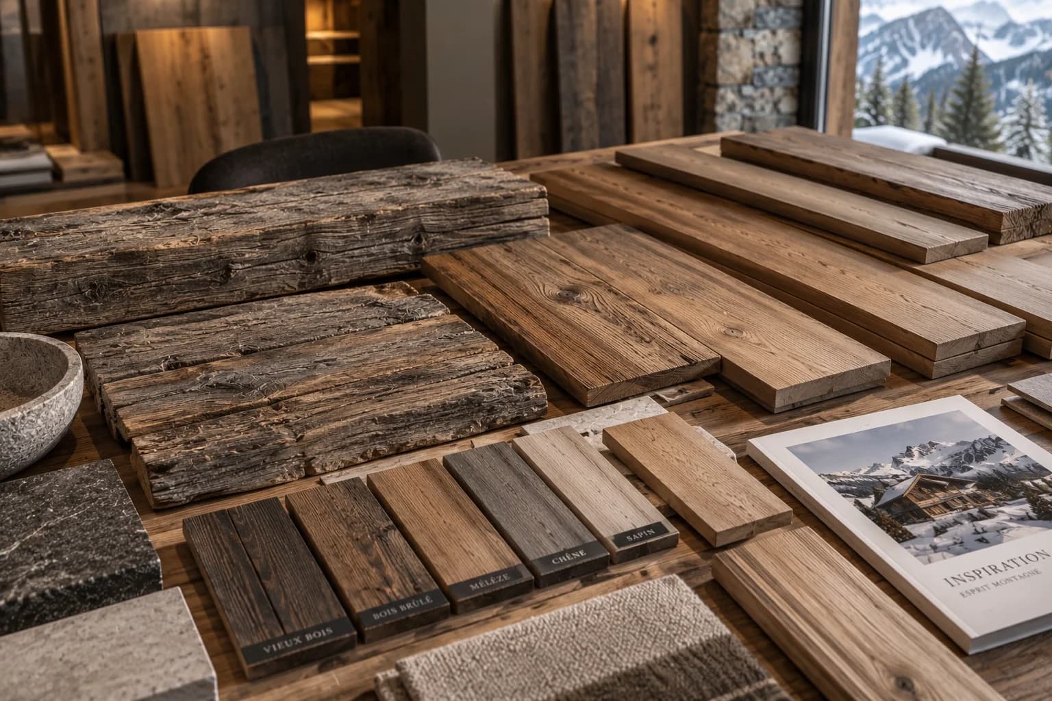 Sélection de vieux bois et d’essences naturelles dans un chalet alpin
