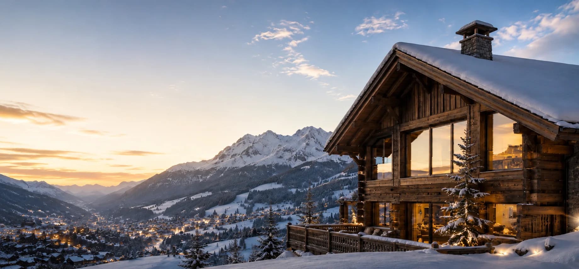 Chalet haut de gamme en bois et pierre, face aux Alpes enneigées au coucher du soleil